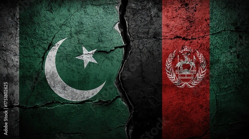 Pakistan and Afghanistan flags on cracked wall symbolizing conflict and political tension between the two countries in the region