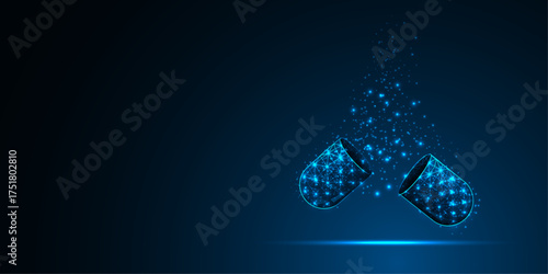 Abstract 3D opened medical capsule, drug in geometric low poly wireframe design. Open pill antibiotic and vitamin. Glowing blue banner. Vector illustration.