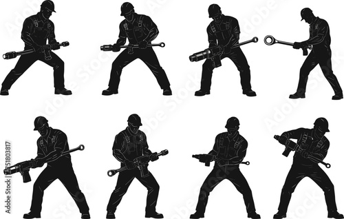 Industrial worker silhouette using torque wrench, construction safety gear, mechanical tool operation, ergonomic posture, engineering labor, vector illustration for training