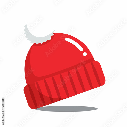Red Knitted Winter Beanie Hat with a White Pom Pom.