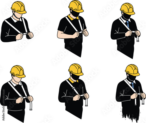 Safety harness fastening steps, construction worker in helmet, industrial safety gear, PPE instruction, flat vector, cartoon style illustration