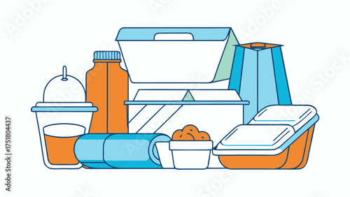 Assorted food containers and beverage cups with orange and blue accents takeaway food containers