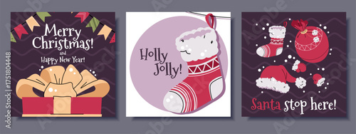 Festive Square Christmas Cards Set with Santa Accessories, Christmas Stocking and Gift with Bow. Perfect for Holiday Posters, Seasonal Banners, Social Media Posts and Christmas Party Invitations.