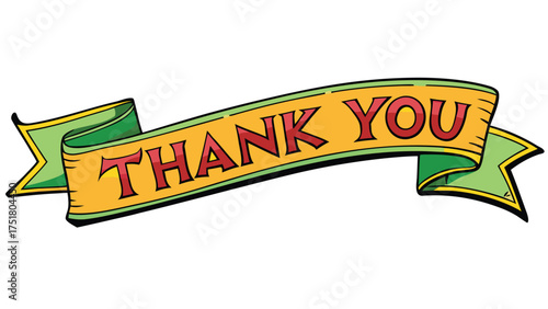 Thank you banner with red lettering on yellow and green ribbon text