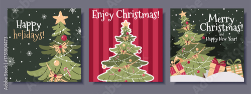 Festive Square Christmas Cards Set with Tree Decorated with Garlands, Toys and Bows with Gifts in Snow. Perfect for Holiday Posters, Seasonal Banners, Social Media Posts and Christmas Party Invitation