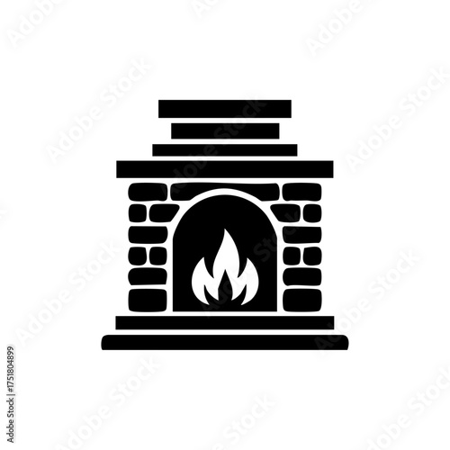 Minimalist black vector icon of a cozy brick fireplace with a visible flame, representing warmth, comfort, and home atmosphere.
