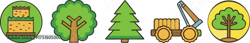 Green trees wood pile tractor with loader pine tree