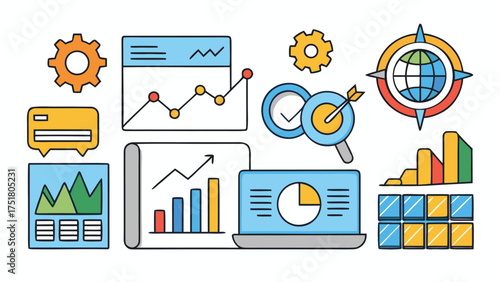 Business data analytics and performance metrics icons charts graphs