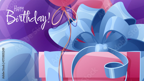 Birthday banner with elegant gift box decorated with blue bow on background of balloons. Perfect for celebration banners, posters, greeting cards, social media and printing.