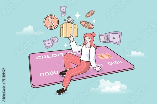 A concept of credit card benefits and rewards. A female customer is sitting on a flying credit card, surrounded by money and a gift box from a successful purchase or a loyalty program.