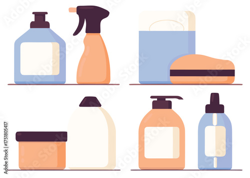 Assorted cleaning product containers with spray bottle and dispenser cleaning supplies detergent