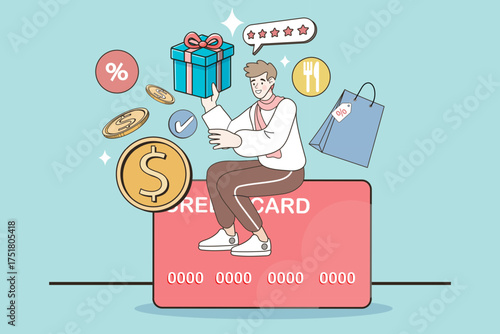 A concept illustrating the many benefits of a credit card. A satisfied customer receives cashback, gifts, and special offers from his bank's loyalty program after making a purchase.