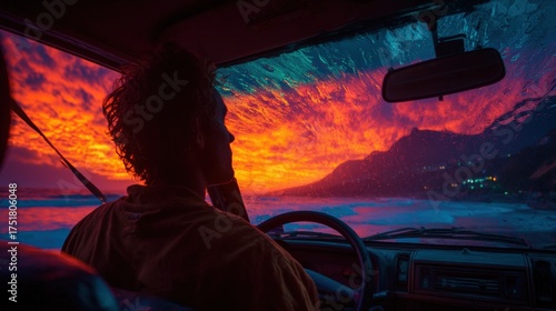 A person gazing at a vibrant sunset from inside a car by the beach, with waves crashing nearby