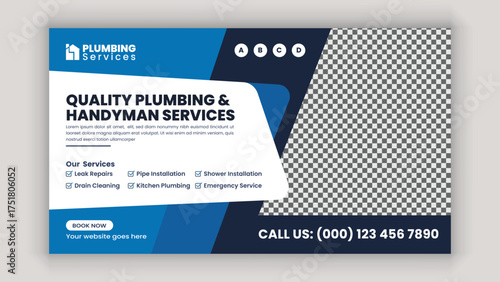 Plumbing Maintenance Services Horizontal Banner Template for Bathroom, Kitchen, and Home Repair Advertisement