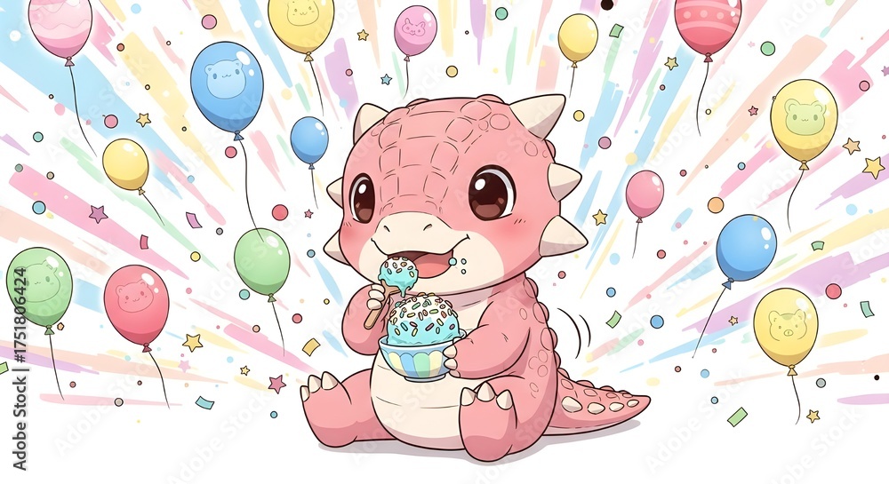 Obraz premium A charming cartoon illustration of a happy pink baby dinosaur sitting amidst a vibrant celebration.