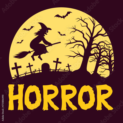 Halloween Horror Night: Silhouette of a witch on a broomstick soaring across a moonlit sky, with bats flitting around, over a graveyard, evoking the eerie essence of Halloween.