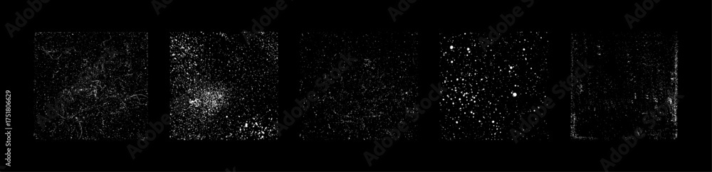 Obraz premium Set of grunge dust and scratch textures on black background. Vintage film grain overlays for photo editing, design, or noise effect. High contrast texture pack