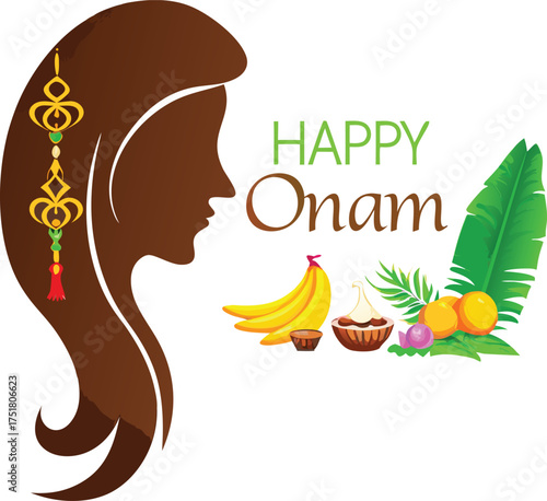 Happy Onam celebration with woman silhouette and fruits