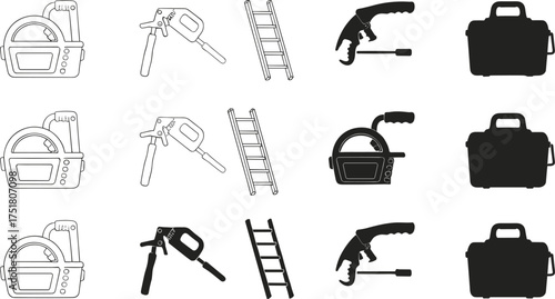 Black and white silhouette vector of toolbox, drill, ladder, welding machine, construction tools, industrial equipment, repair set, isolated design