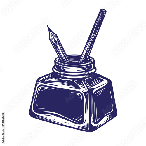 Vintage inkwell with two pens illustration showing classic writing instruments and decorative elements