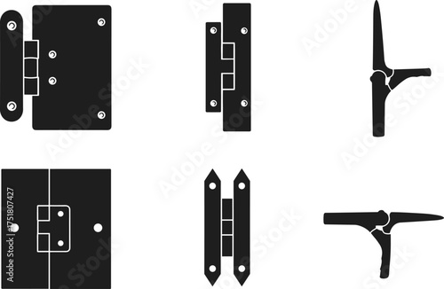 Black metal door hinge silhouette set, industrial hinge icon collection, hardware tool symbols, vector design elements, isolated on white background
