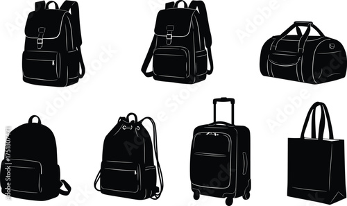Black silhouette collection of different bags including backpack, duffle, suitcase, tote bag, travel bag, school bag, vector illustration
