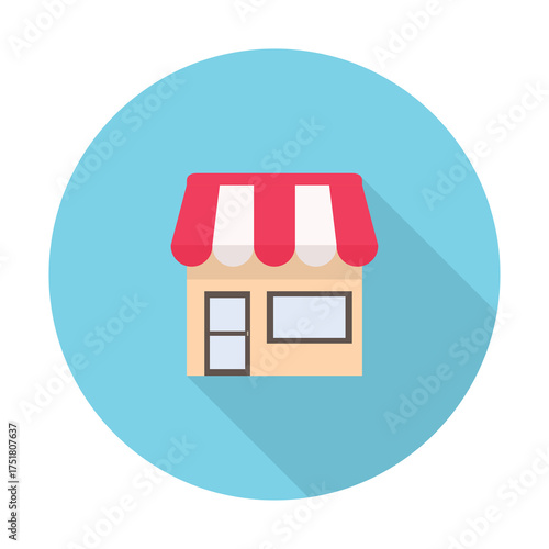 Simple flat design illustration of a small store building with red and white striped awning against a light blue circular background and long shadow on the right side