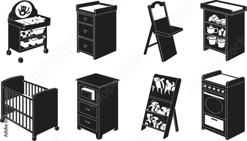 Black silhouette vector illustration of baby crib, dresser, toy shelf, chair, nursery furniture, diaper changing table, kitchen set, white background