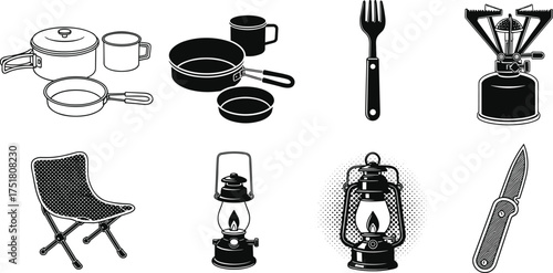 Black silhouette vector illustration of camping cookware, folding chair, lantern, knife, fork, frying pan, stove, outdoor cooking equipment
