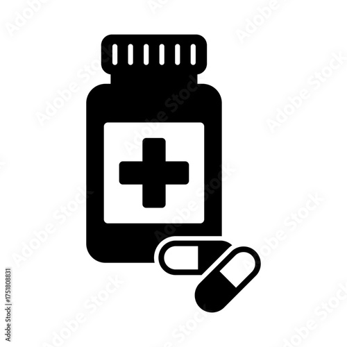 Medicine Bottle and Pills Icon – Pharmacy and Healthcare Symbol, Vector Illustration