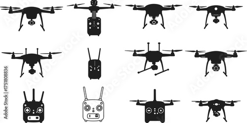 Black silhouette vector illustration of drones and remote controllers, quadcopter flying devices, aerial photography drone set, isolated white background