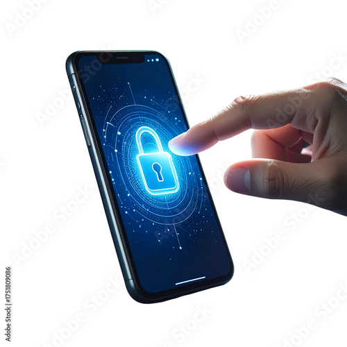 Hand touching smartphone screen with glowing digital padlock icon.