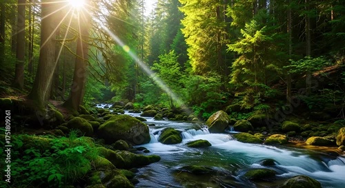 Sunbeams stream through a lush green forest, illuminating a clear river flowing over mosscovered rocks in a tranquil natural setting animated 4k video