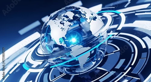 Futuristic digital globe with glowing blue rings and abstract technological background animated 4k video