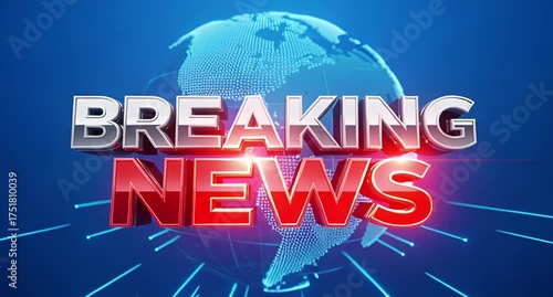Breaking news text with 3d metallic effect, set against a backdrop of a digital globe and light streaks animated 4k video