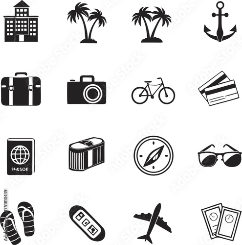 Travel and Vacation Icon Set – Tourism, Adventure, and Holiday Vector Symbols