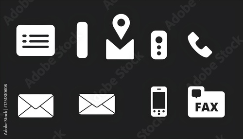 A collection of white, minimalistic communication and contact icons displayed against a dark background.