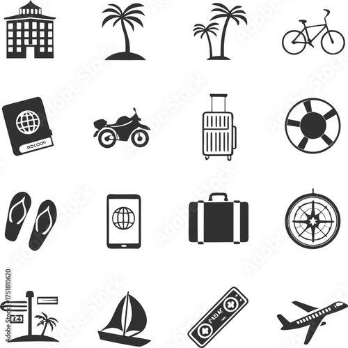 Travel and Vacation Icon Set – Tourism, Adventure, and Holiday Vector Symbols