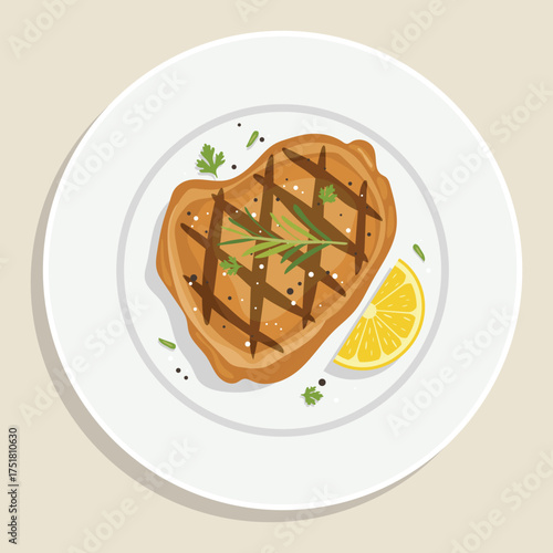 flat color of grilled chicken thigh, seasoned with herbs, pepper, and a slice of lemon