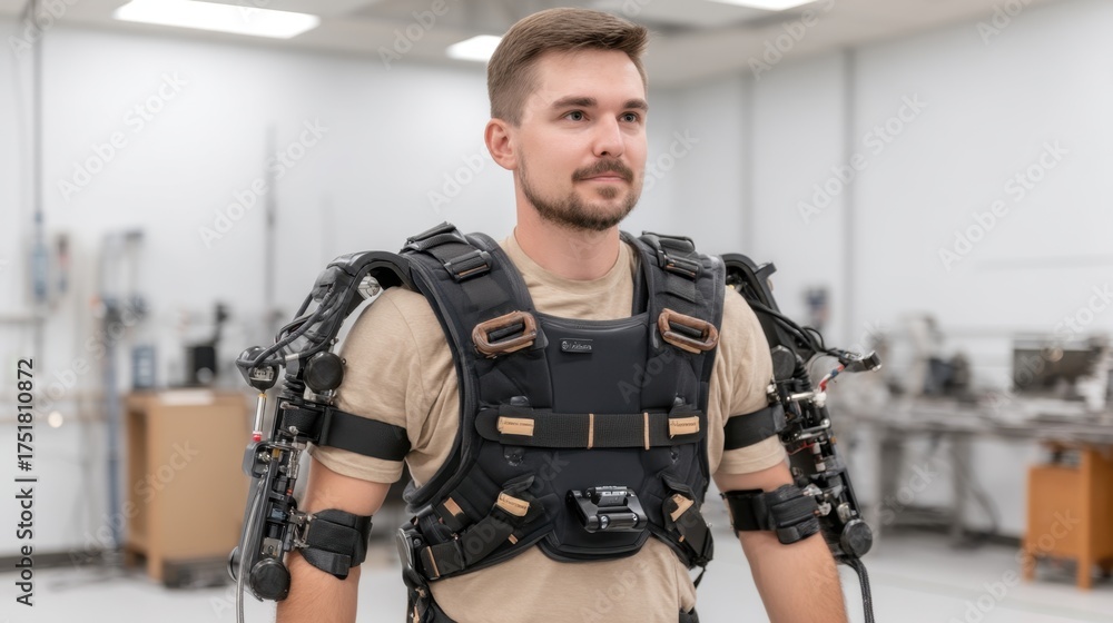 Fototapeta premium Innovative robotic exoskeleton technology empowering human strength and mobility in rehabilitation and industrial applications in a modern workspace environment
