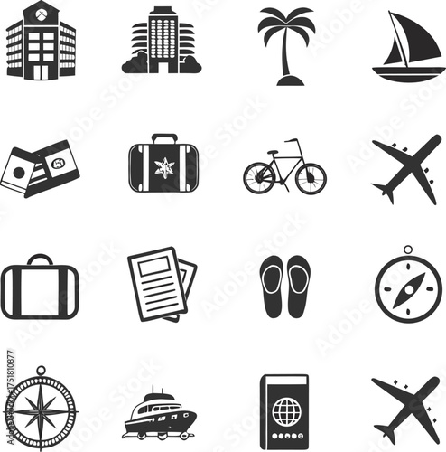 Travel and Vacation Icon Set – Tourism, Adventure, and Holiday Vector Symbols