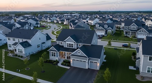 Overhead view of a modern suburban housing development at dusk, featuring contemporary homes and wellkept landscaping animated 4k video