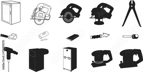 Black silhouette vector illustration of power tools, electric drill, saw, pliers, refrigerator, sander, cutter, DIY construction equipment