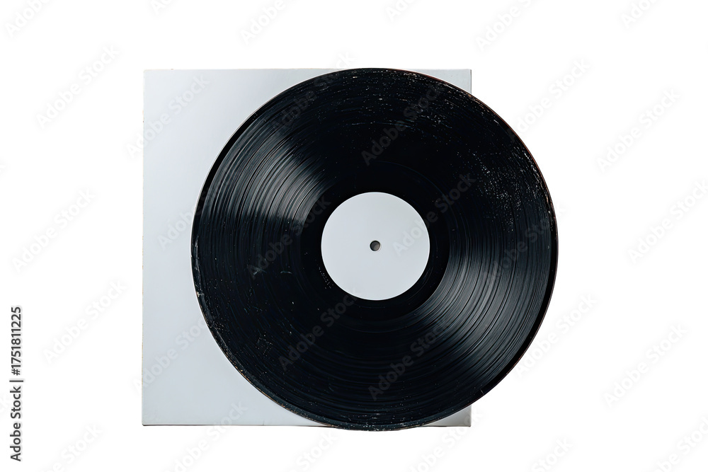 Obraz premium A black vinyl record with a white label sits atop a white card