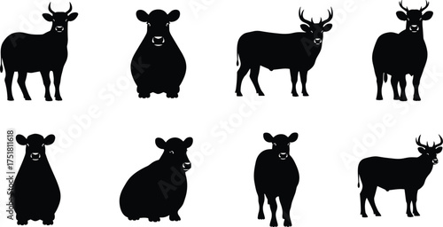 Bovine animal silhouette illustration set, cow and bull shapes, horn variations, livestock design, black artwork, farm animal concept