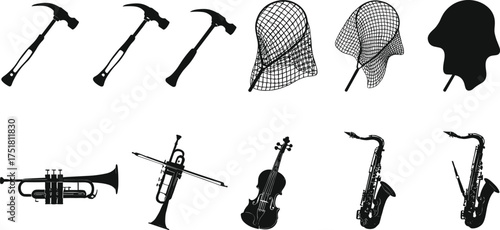 Black silhouette vector of hammer, fishing net, trumpet, violin, and saxophone, musical instruments and tools collection, isolated design