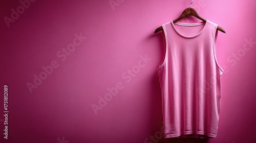 A simple pink tank top hanging on a wooden hanger against a soft pink wall background