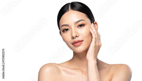 Elegant Woman Touching Face with Soft Smile on Isolated Background
