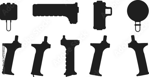 Black weapon handle and tactical grip silhouette set, modern firearm accessories vector illustration, gun part, defense equipment, isolated design
