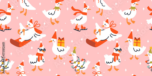 Seamless pattern with Cute white ducks in Santa hats. Hand drawn vector illustration. Naive Christmas childish design.Cool comic character background, kids poster, xmas card, social media banner.